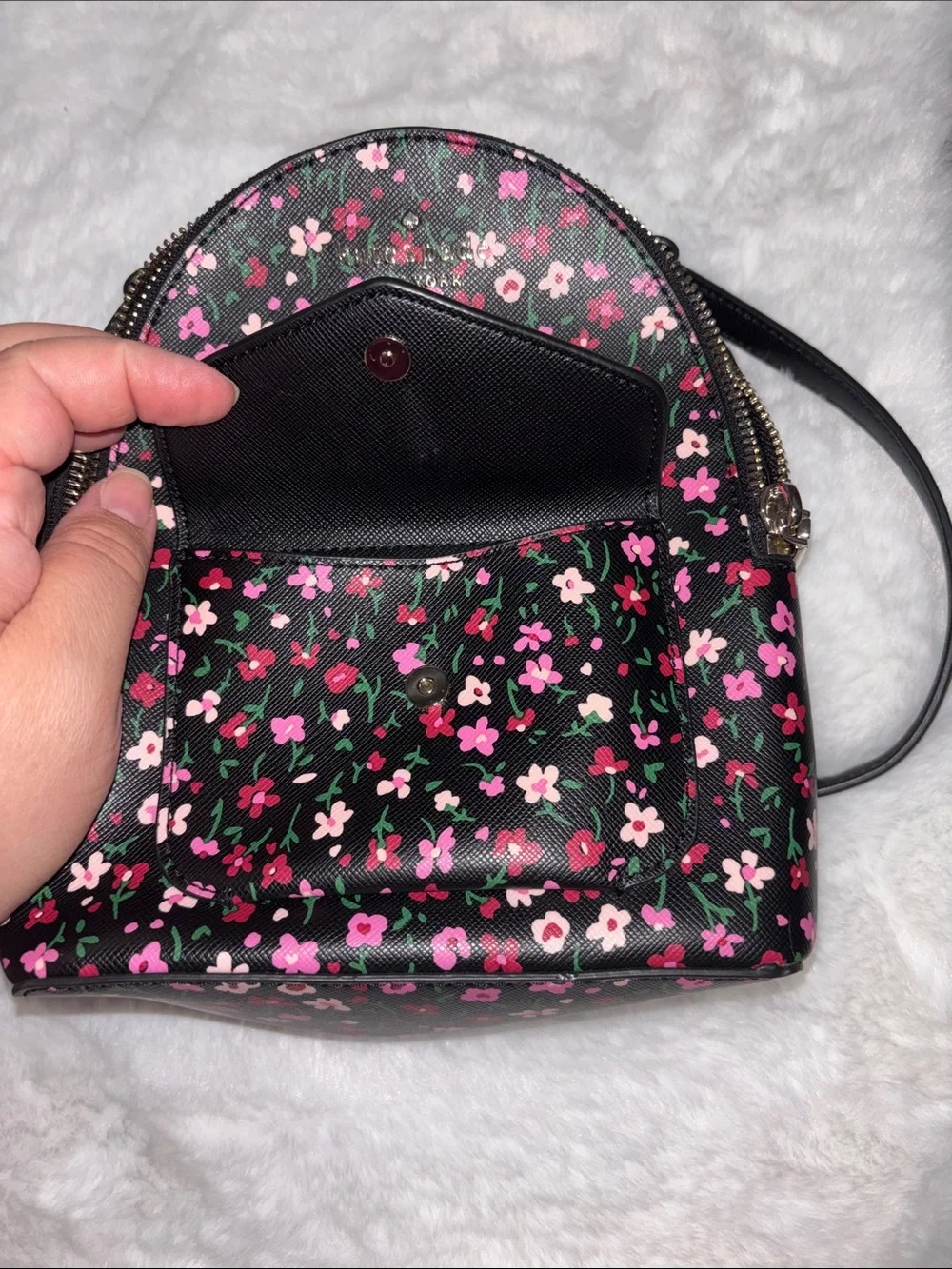 kate spade Black Floral Mini Backpack with Pink and White Blossoms